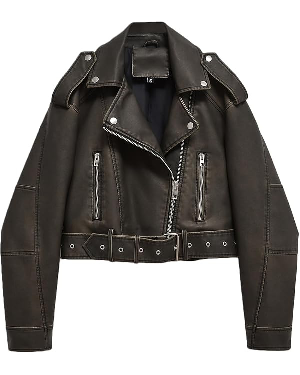 LY VAREY LIN Women Faux Leather Cropped Jacket Lapel Zipper Biker Short Coat with Belt | Amazon (US)