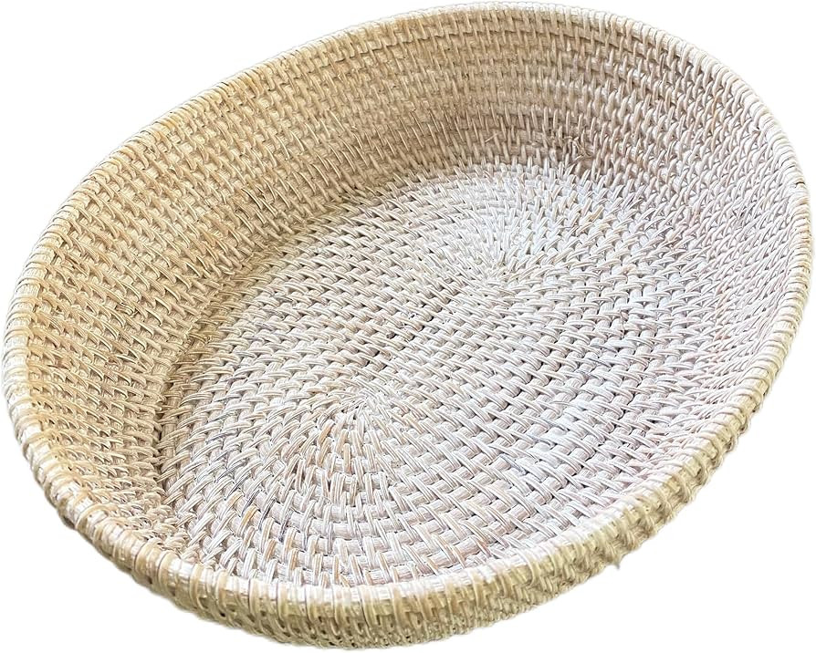 amololo14 Oval White Rattan Fruit Serving Basket,Table Décor Wicker Bread Serving Basket Tray wi... | Amazon (US)