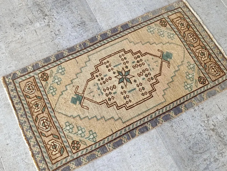 Vintage Turkish Small Rug 1.6x3 Ft, Beige Blue Anatolian Rug, Handwoven Wool Medallion Rug, Triba... | Etsy (Global)