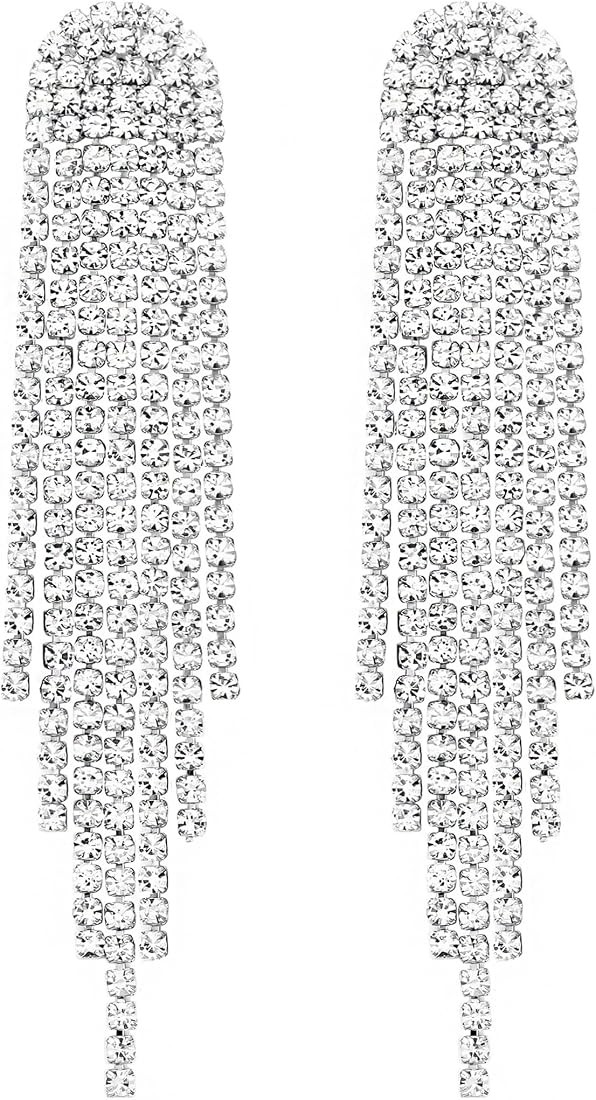 Rhinestone Crystal Tassel Long Sparkle Dangle Earrings 2.8"/3.3" Wedding Party Dangling Earrings | Amazon (US)