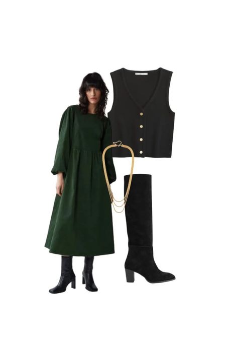 Long sleeve maxi dress in green, black button up waistcoat, knee high boots, gold necklace 

#LTKSeasonal #LTKeurope #LTKstyletip