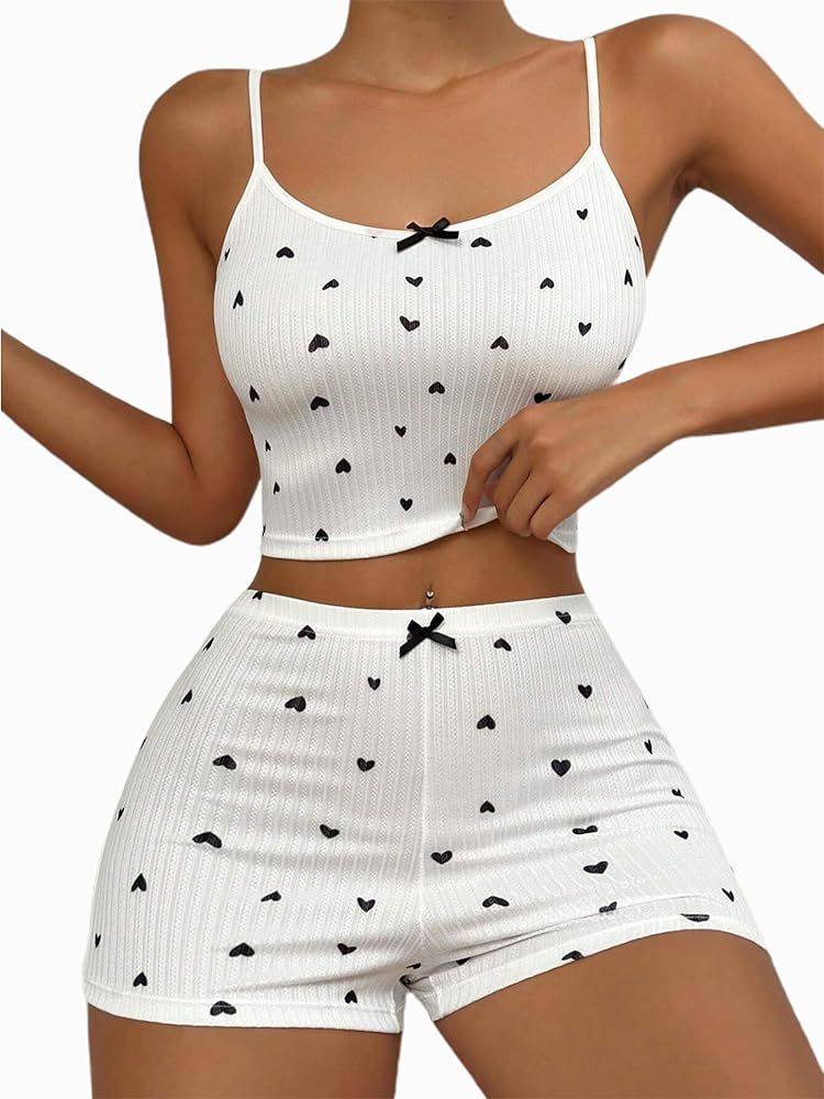 Hilinker Womens Graphic 2 Piece Pajama Set Summer Cute Crop Cami and Shorts Ribbed Lounge Sets | Amazon (US)