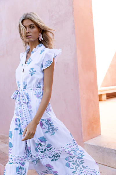 Ruffle Collar Button Maxi- Paladio Teal | Oliphant Design