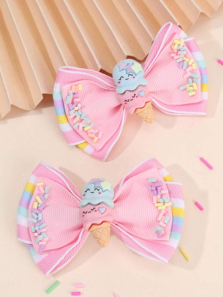 2pcs Girls Pink Satin Hair Bows - Ice Cream Charms & Rainbow Stripes, Cute Hair Clips For Kids To... | SHEIN