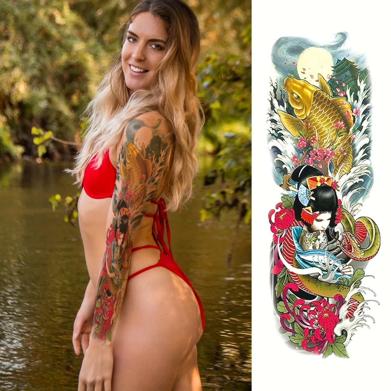 Long-Lasting Full Arm Temporary Tattoo - Ghost Dragon Koi Lotus Chrysanthemum Pattern - Waterproo... | Temu Affiliate Program