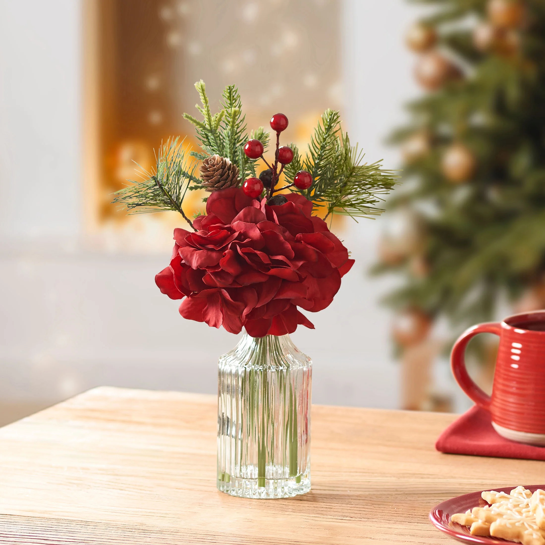 Mainstays 11.5" Decorative Tabletop Artificial Christmas Red Floral Hydrangea in Clear Ribbed Gla... | Walmart (US)