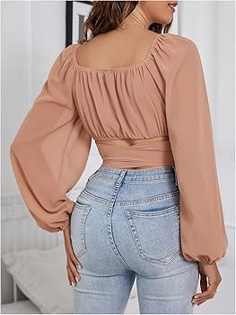 Floerns Women's Lantern Long Sleeve Scoop Neck Ruched Bust Knot Front Crop Blouse | Amazon (US)