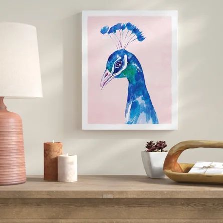 Bungalow Rose 'Peacock on Pink Background' Watercolor Painting Print on Canvas | Wayfair | Wayfair Professional