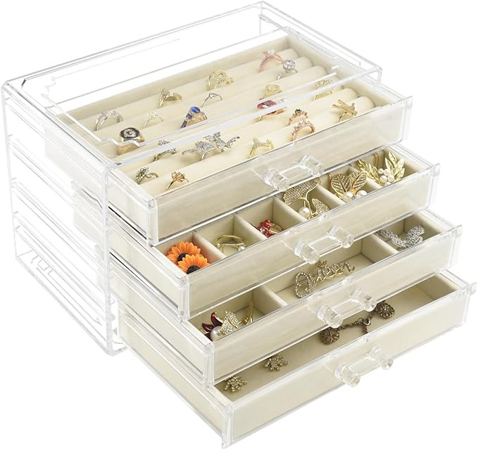 Weiai Acrylic Jewelry Organizer, Clear Jewelry Box with 4 Drawers, Jewelry Case Storage for Women... | Amazon (US)