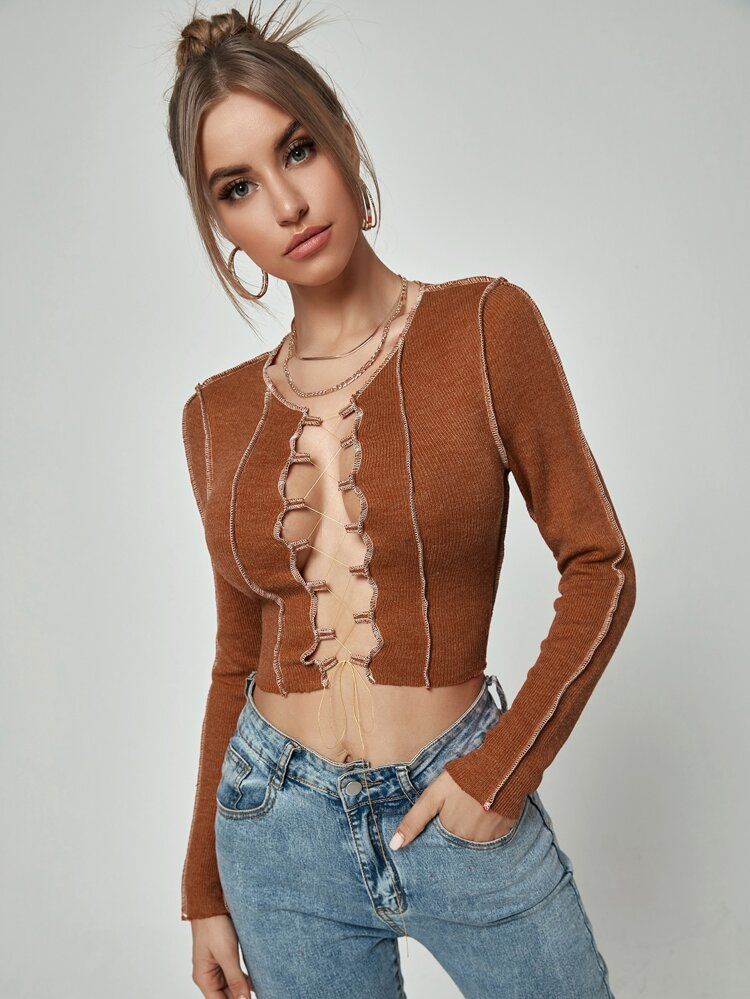 Lace Up Topstitching Ribbed Top | SHEIN