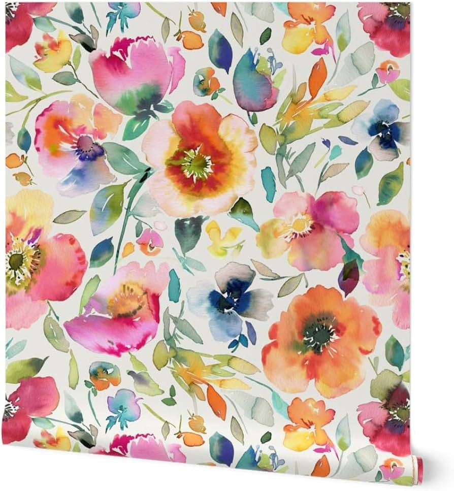 Spoonflower Commercial Grade Wallpaper Swatch - Watercolor Floral Poppies Flowers Wildflowers Whi... | Amazon (US)