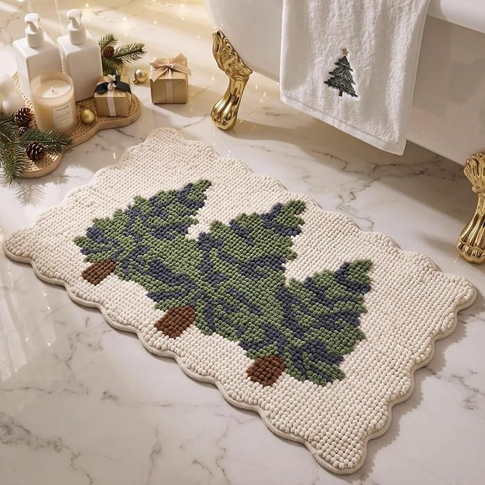 Christmas Tree Bathroom Rug Scalloped Chenille Bath Mat Non-Slip | Amazon (US)