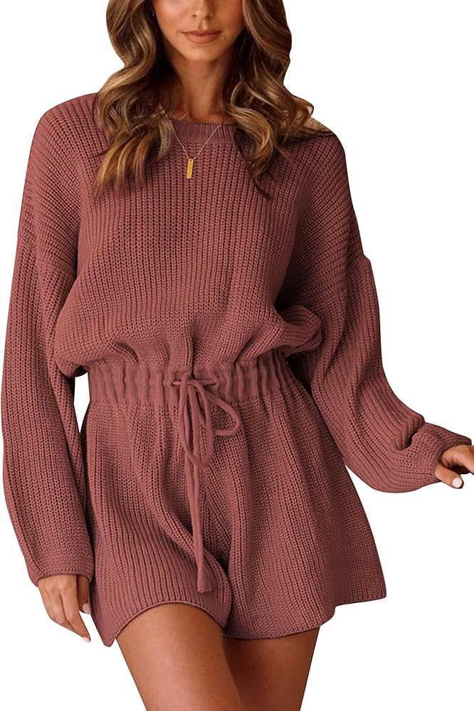 Quenteen Women's Knit Sweater Playsuit Elastic Waist Long Lantern Sleeve Sweater Jumpsuit and Romper | Amazon (US)