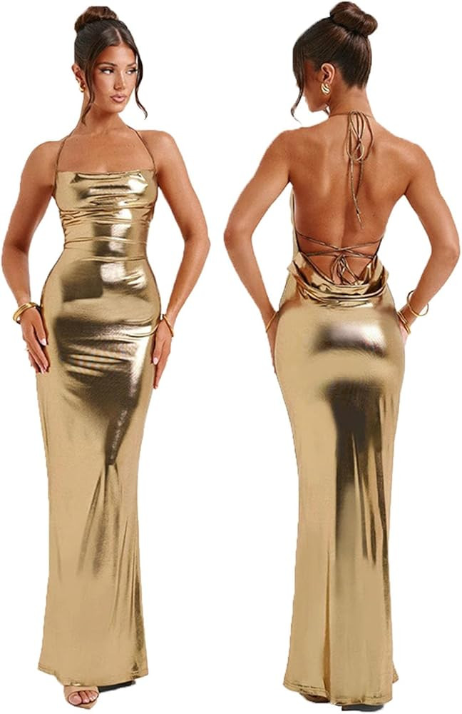 Sleeveless Backless Maxi Dress Women's Shiny Spaghetti Strap Bodycon Maxi Dresses Sexy Glitter Me... | Amazon (US)