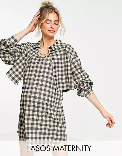 ASOS DESIGN Maternity long sleeve mini shirt dress with overlayer in check print | ASOS (Global)