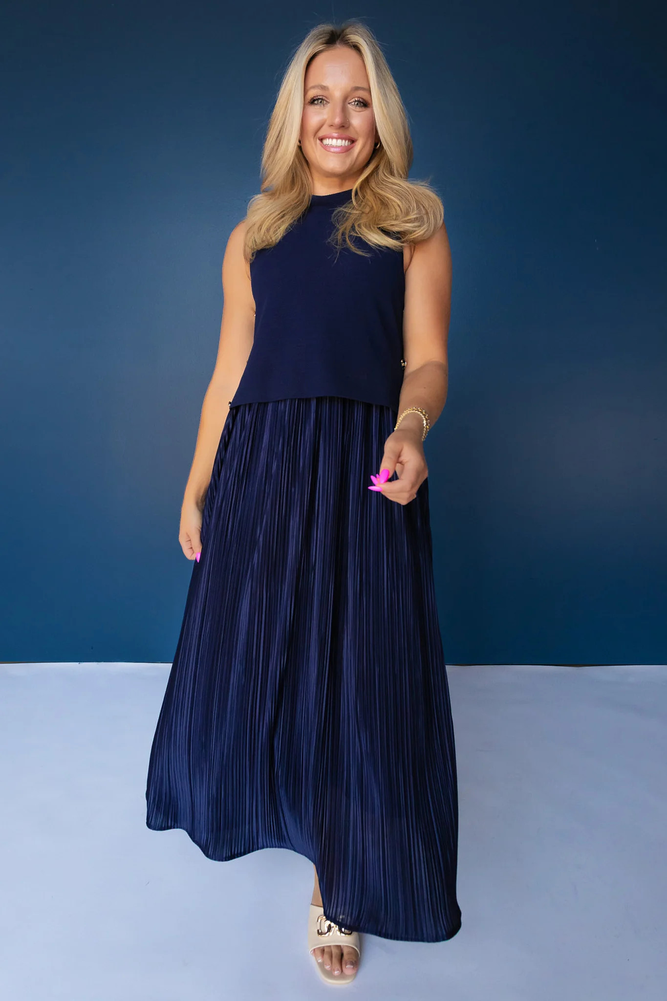 SSYS Samantha Pleated Twofer Midi Dress In Navy | SSYS