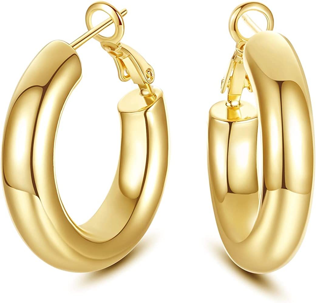 SHOWNII 14k Gold Plated Chunky Tube Hoop Earrings for Women | Amazon (US)
