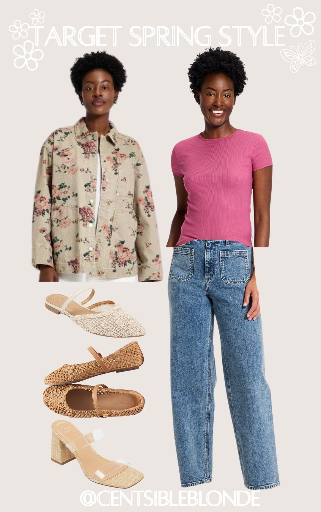 @Target outfit for spring, spring style, target style, target outfit, spring outfit, floral jacket, spring shoes, pink tee, ribbed tee, blue jeans, high waisted jeans, mule flats, Mary Jane flats, block heel sandals, rattan shoes, floral jacket, denim jacket 

#LTKSeasonal #LTKMidsize #LTKootd