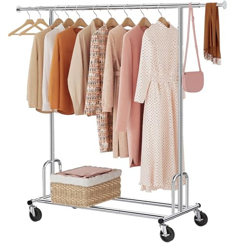 Tajsoon Heavy Duty Clothes Rack Foldable Garment Rack with Wheels and Extendable Rod, Freestanding Clothing Rack for Hanging Clothes, Adjustable ＆ Collapsible Rolling Racks with Bottom Shelf, Chrome | Amazon (US)