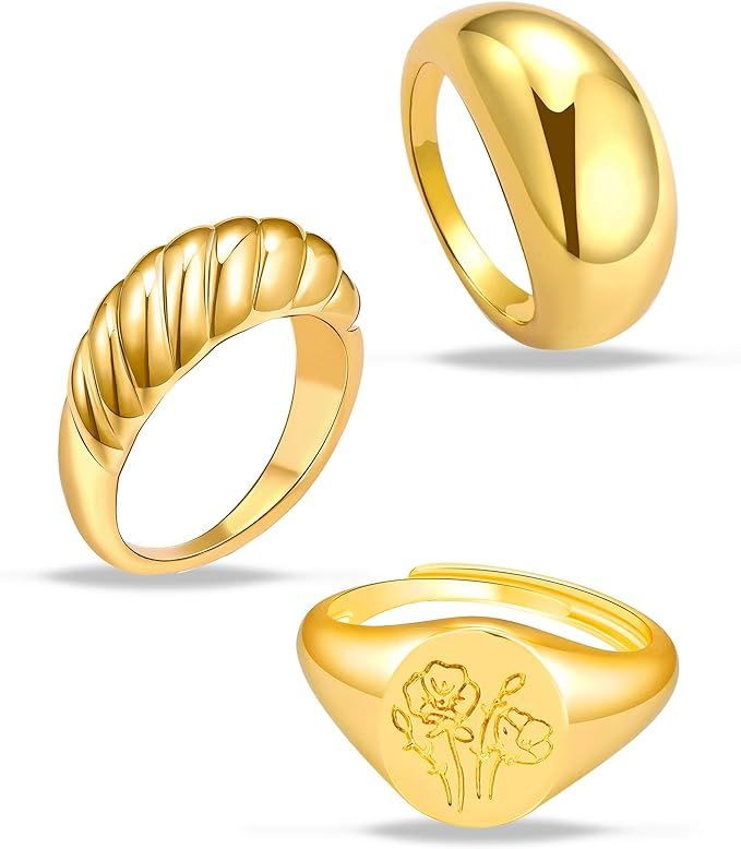 3Pcs Chunky Gold Rings Set for Women Thick Dome Rings 18K Gold Plated Croissant Braided Twisted S... | Amazon (US)