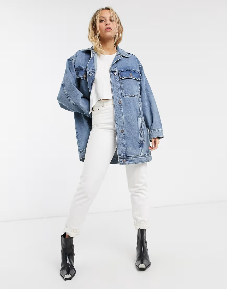 Topshop super oversized denim jacket in mid wash blue | ASOS (Global)