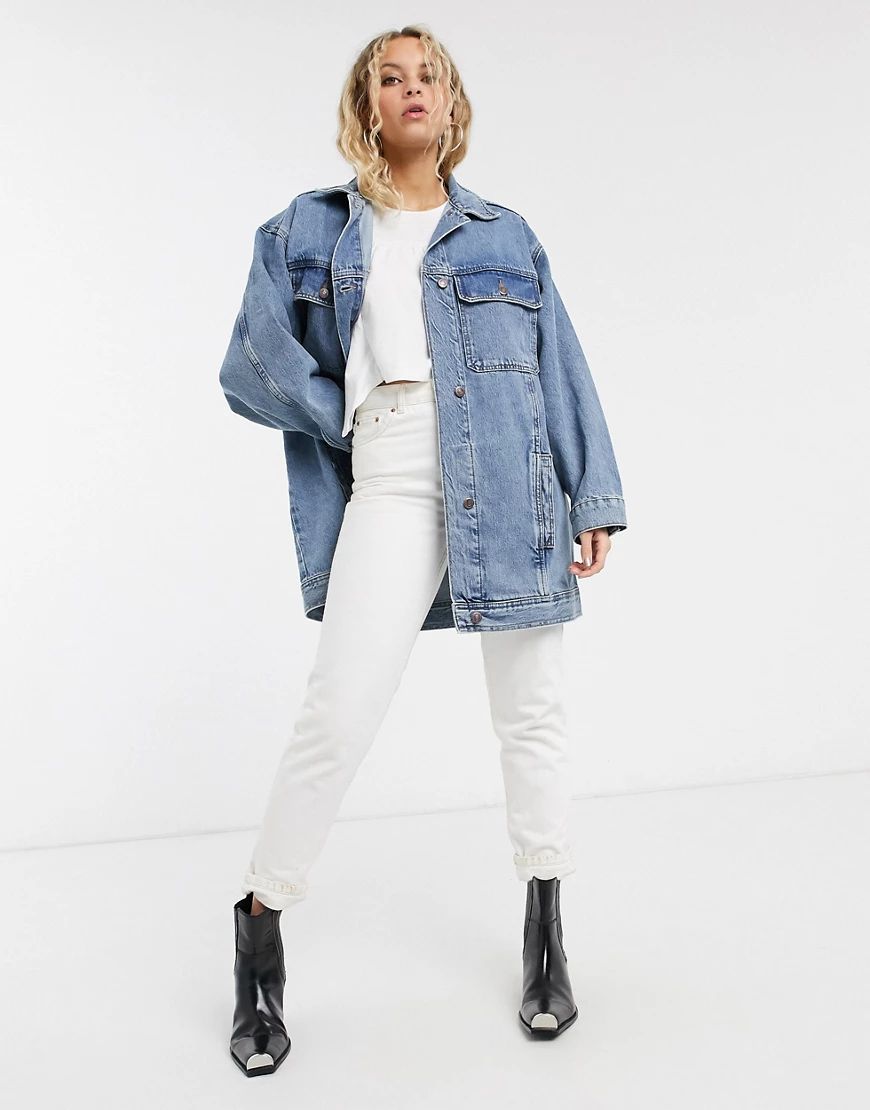 Topshop super oversized denim jacket in mid wash blue | ASOS (Global)