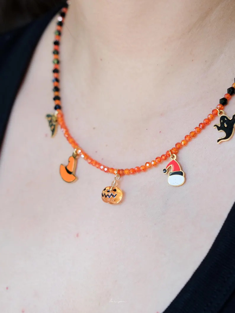 Spooky Halloween Necklace – Beaded Choker With Pumpkin, Bat, Witch Hat & Ghost Charms - Etsy | Etsy (US)