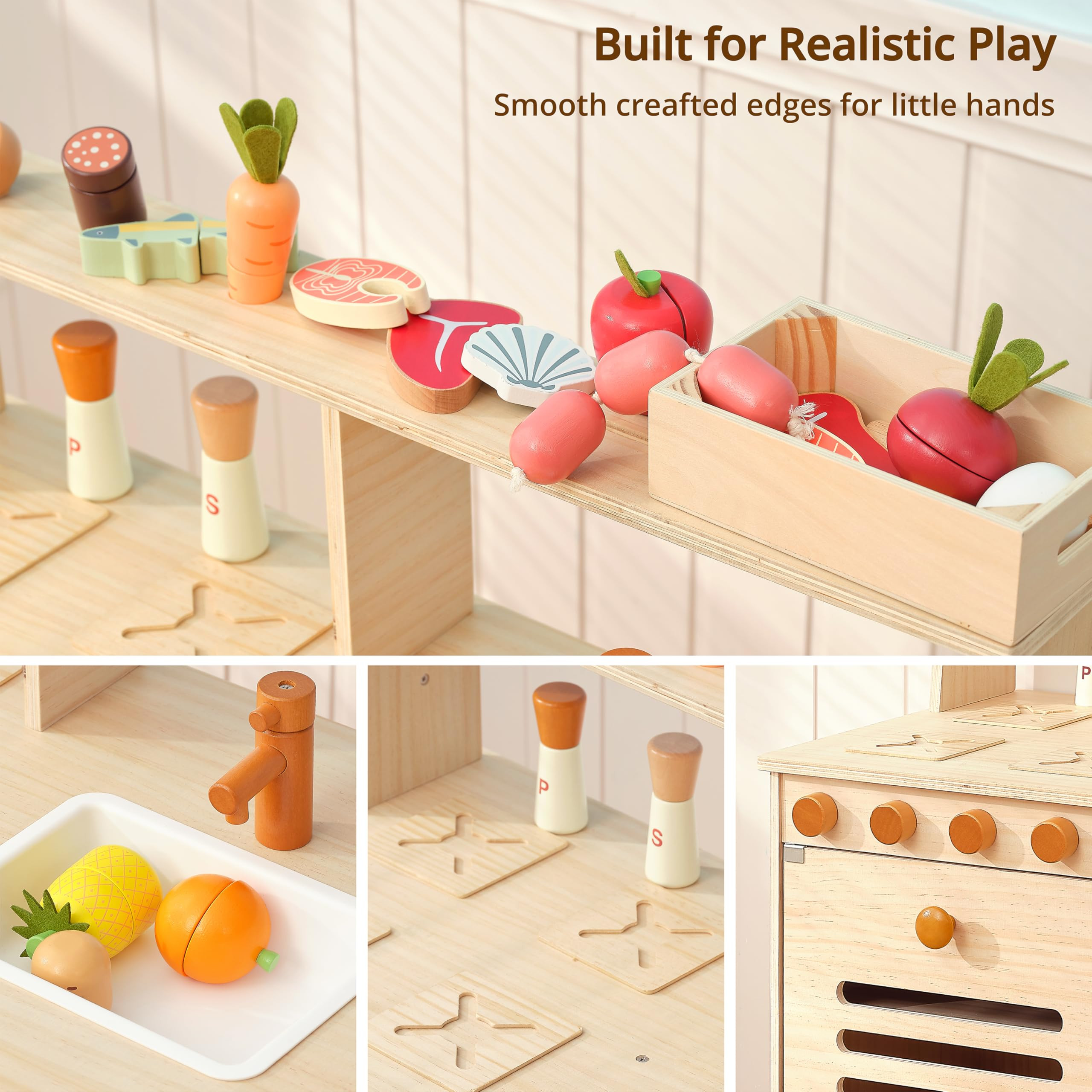 PairPear Play Kitchen for Kids, Large Natural Wood Kids Play Kitchen Pretend Accessories with DIY... | Amazon (US)