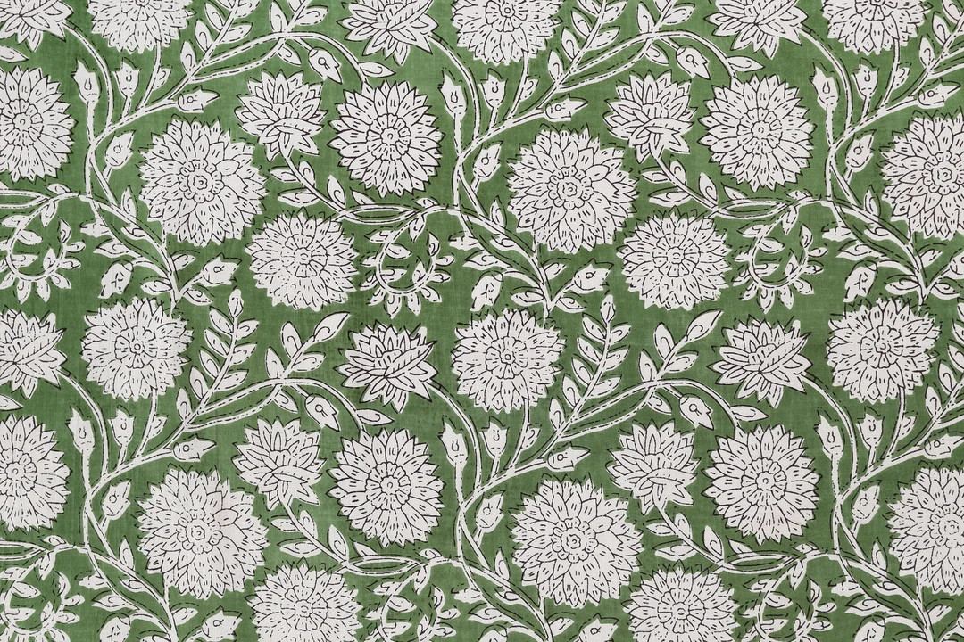 Green & White Indian Floral Hand Block Printed 100% Cotton Cloth, Fabric by the Yard, Fabric for ... | Etsy (US)