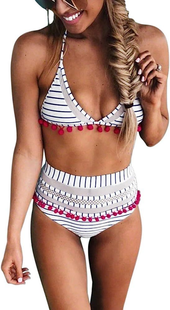 Amazon.com: Heymiss Womens Two Pieces Swimsuits Halter Striped Tassel Bikini Set High Waisted Bat... | Amazon (US)