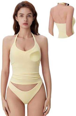 SUUKSESS Halter Tank Top for Women with Built in Bra Cotton Ribbed V Neck Cami | Amazon (US)