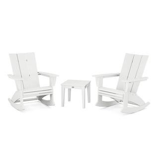 Modern Curveback Adirondack Rocking Chair White 3-Piece HDPE Plastic Patio Conversation Set | The Home Depot