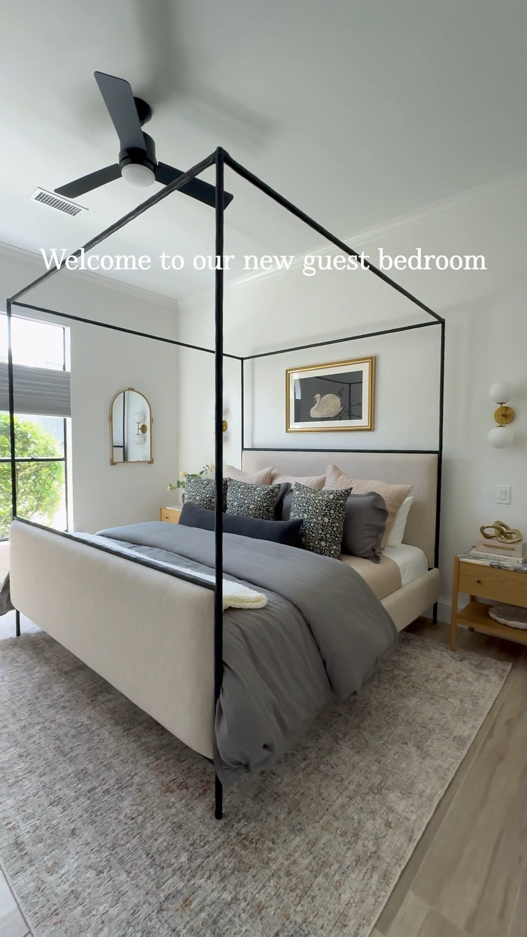 Our guest room is ready for its first guests! I have eyed this Crate and Barrel bed for years and she doesn’t disappoint.  Super heavy, high quality and that gorgeous iron frame is scrumptious.  Sold out ATM so I linked a similar bed. 

I went with lux bedding from West Elm.  The end tables are Lulu & Georgia and there’s a matching dresser on the other side of the room.  Amazon affordable decor adds the perfect touches like this under $100 swan artwork - a nod to my Grandma who had pet swans on her river house.   The rug is my forever favorite neutral rug that can seriously go in every room from Loloi. 

I’m still deciding on whether to paint the room / ceiling or do an accent wall behind the bed.  What would you do? 

I had an electrician hard wire the sconces and add switches next to each side of the bed for guests to easily turn on them on.  They provide the perfect ambience! 

#LTKFindsUnder100 #LTKHome