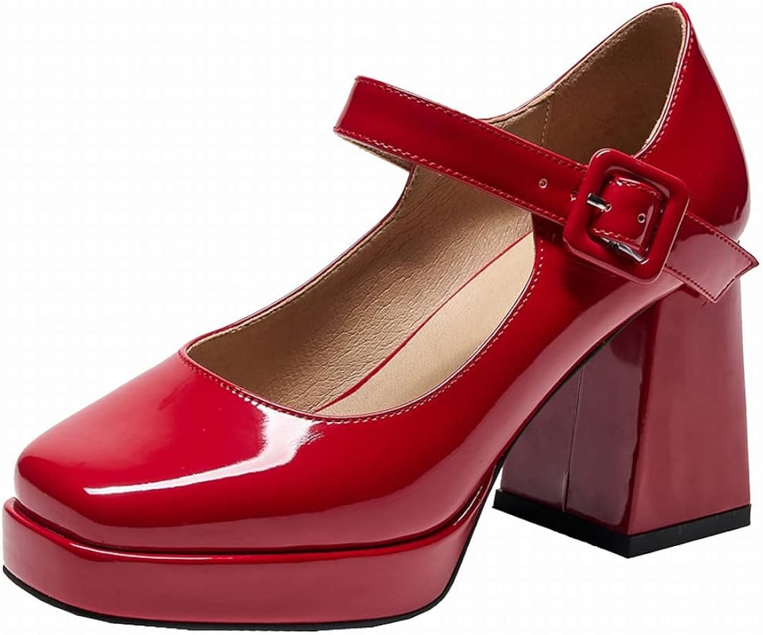 Women's Platform Chunky Heels Square Toe Block Heel Mary Janes Pumps Shoes | Amazon (US)