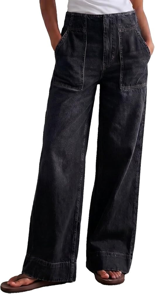 Women's Wide Leg Jeans Soft Baggy Low Mid Rise Elastic Waist Pull On Denim Pants Trendy Y2k | Amazon (US)