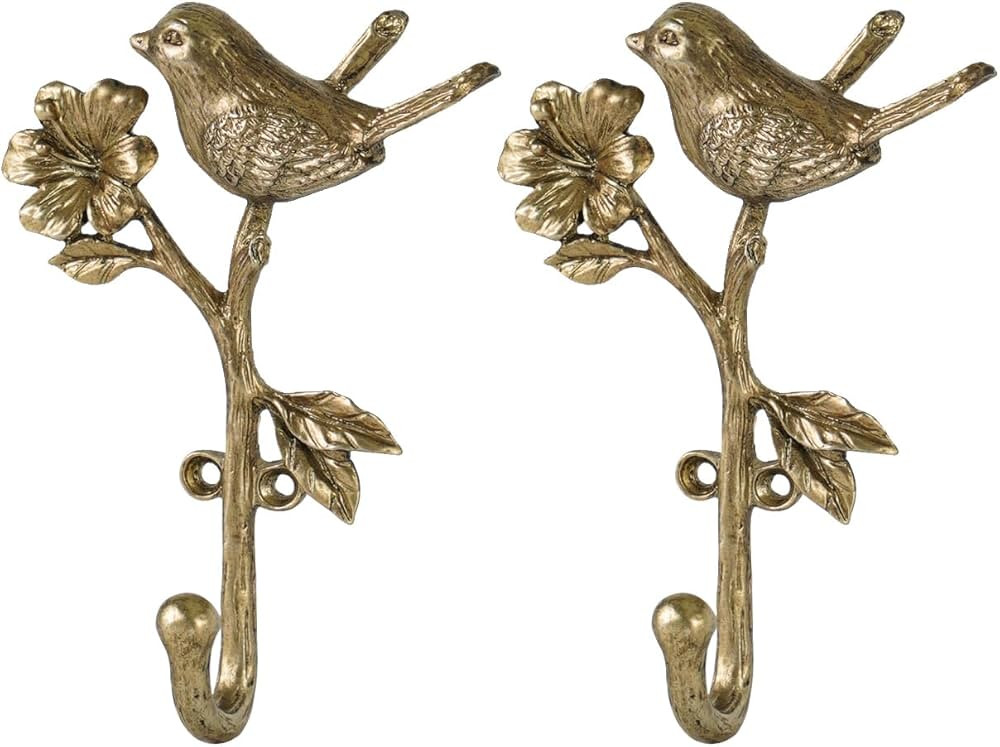 SOFFEE DESIGN 2pcs Metal Gold Coat Hooks with 3D Bird & Flowers Shape, Heavy Duty for Entryway, B... | Amazon (US)