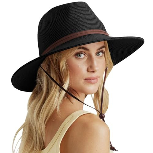 DRESHOW Womens Summer Straw Sun Hat Wide Brim Bucket Hats Fedora Hats Panama Beach Hat with Chin ... | Amazon (US)
