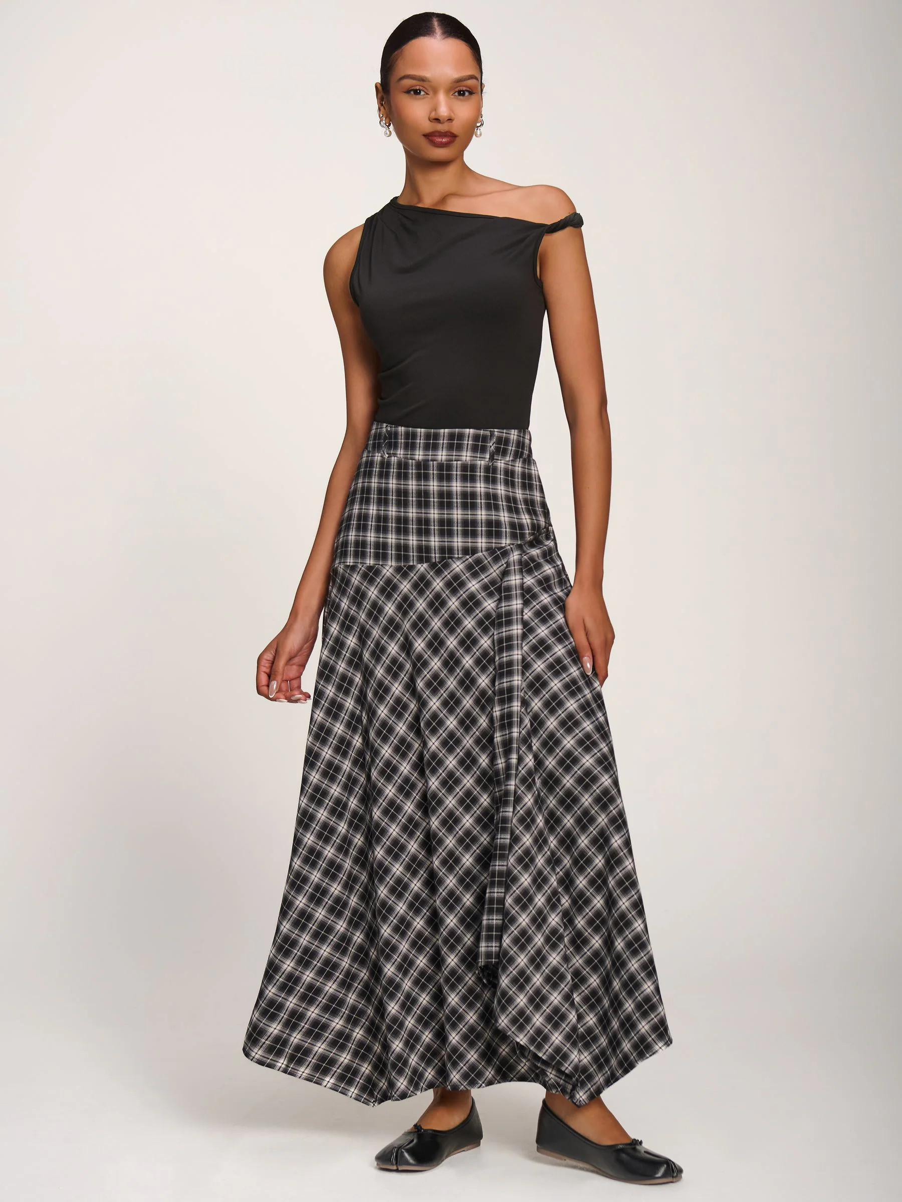 Jolie Moi Jolie Moi Black Plaid Asymmetric Maxi Skirt | Next US