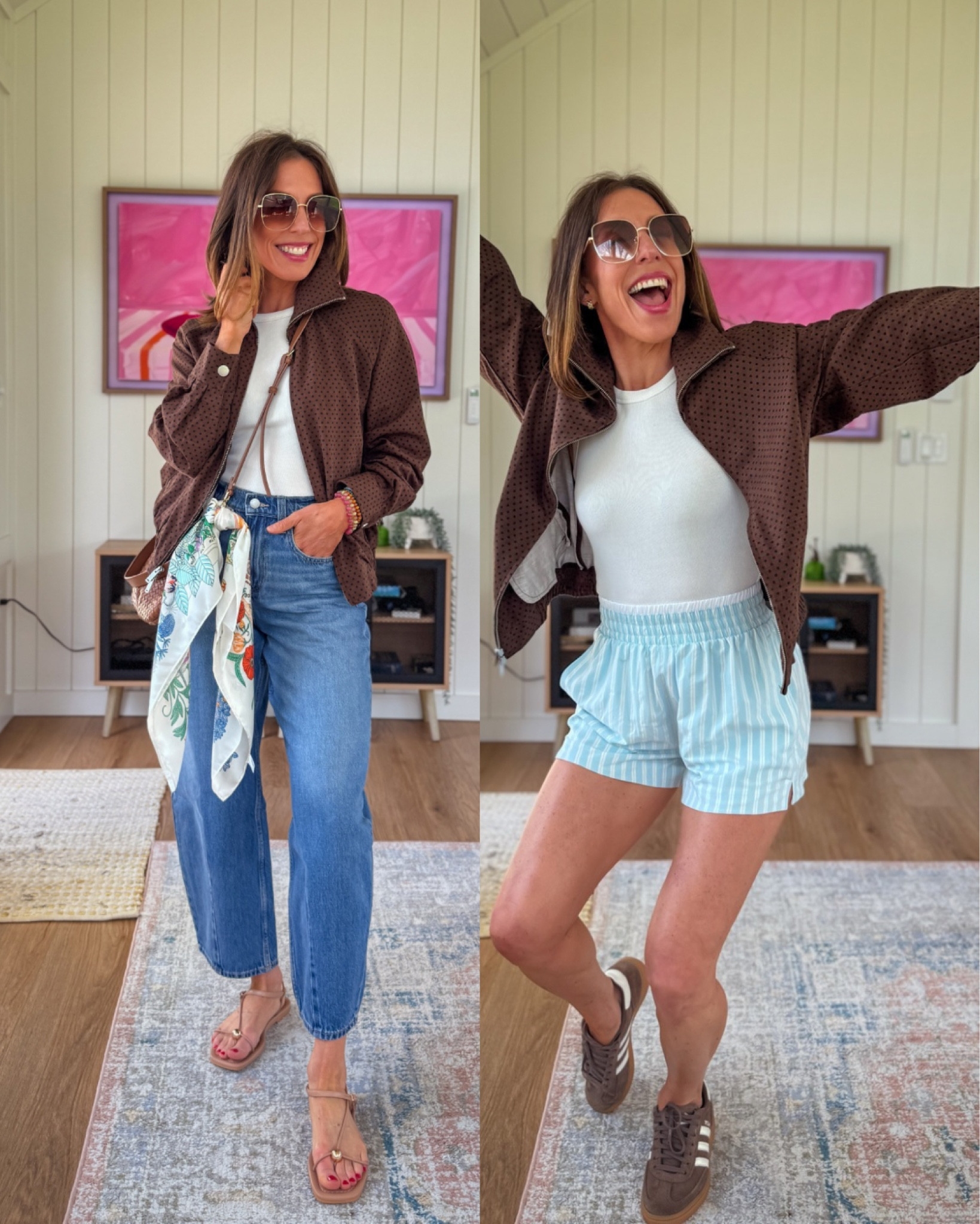 Jeans: 0 regular length 
Shorts: Xs
Tank: Xs
Jacket: Xs 
All fit TTS 