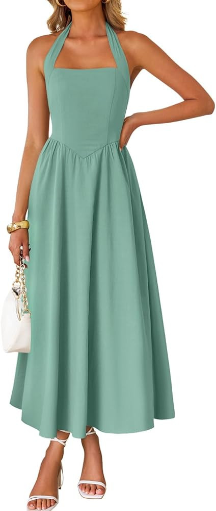 ZESICA Women's Summer Sleeveless Halter Midi Dress 2026 Off Shoulder High Waist Flowy Formal Wedding Guest Long Dresses | Amazon (US)