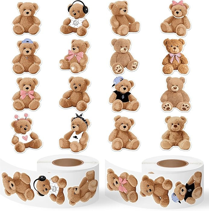 CNhoqc 1000pcs Cute Teddy Bear Sticker Rolls (2 Rolls), 16 Designs Toy Bear Decorative Decals for... | Amazon (US)