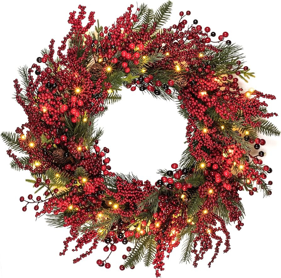 KI Store Christmas Wreath with Lights and Timer 26-Inch Mixed Red Berry Decor for Front Door Wind... | Amazon (US)