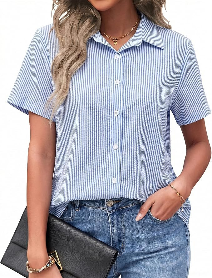 PYGFEMR Womens Button Down Shirts Short Sleeve Loose Collared V Neck Tunics Summer Tops Work Casu... | Amazon (US)