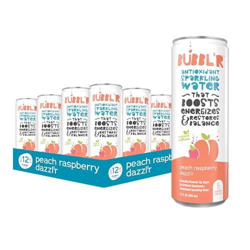BUBBL'R peach raspberry dazzl'r, Antioxidant Sparkling Water with Natural Caffeine, 0g Sugar, Gluten Free, All Natural Flavors, 12 Fl Oz Cans, 12 Count (12 Fl Oz (Pack of 12), peach raspberry dazzl'r) | Amazon (US)