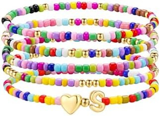 M MOOHAM Valentines Gifts for Kids - 5PCS Colorful Beaded Initial Bracelets for Girls Women Cute ... | Amazon (US)