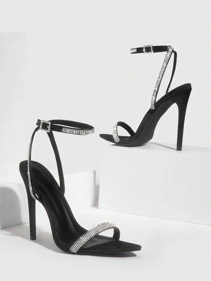 CUCCOO SZL Woman Shoes Fashion Point Toe Rhinestone Decor Ankle Strap Black Versatile High-Heeled... | SHEIN
