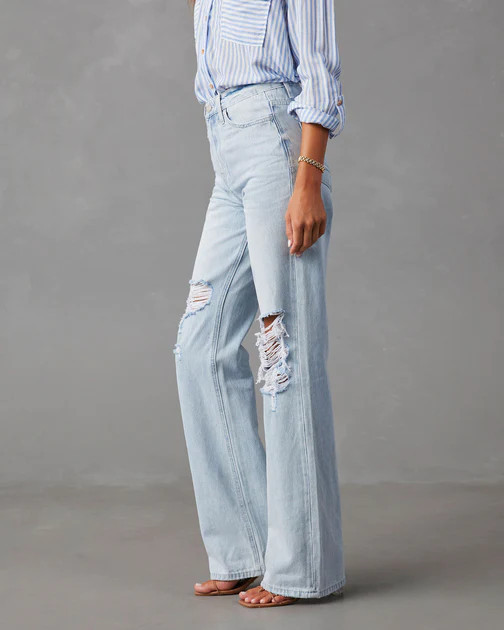 Alycia High Rise Distressed Wide Leg Jeans - Light Wash | VICI