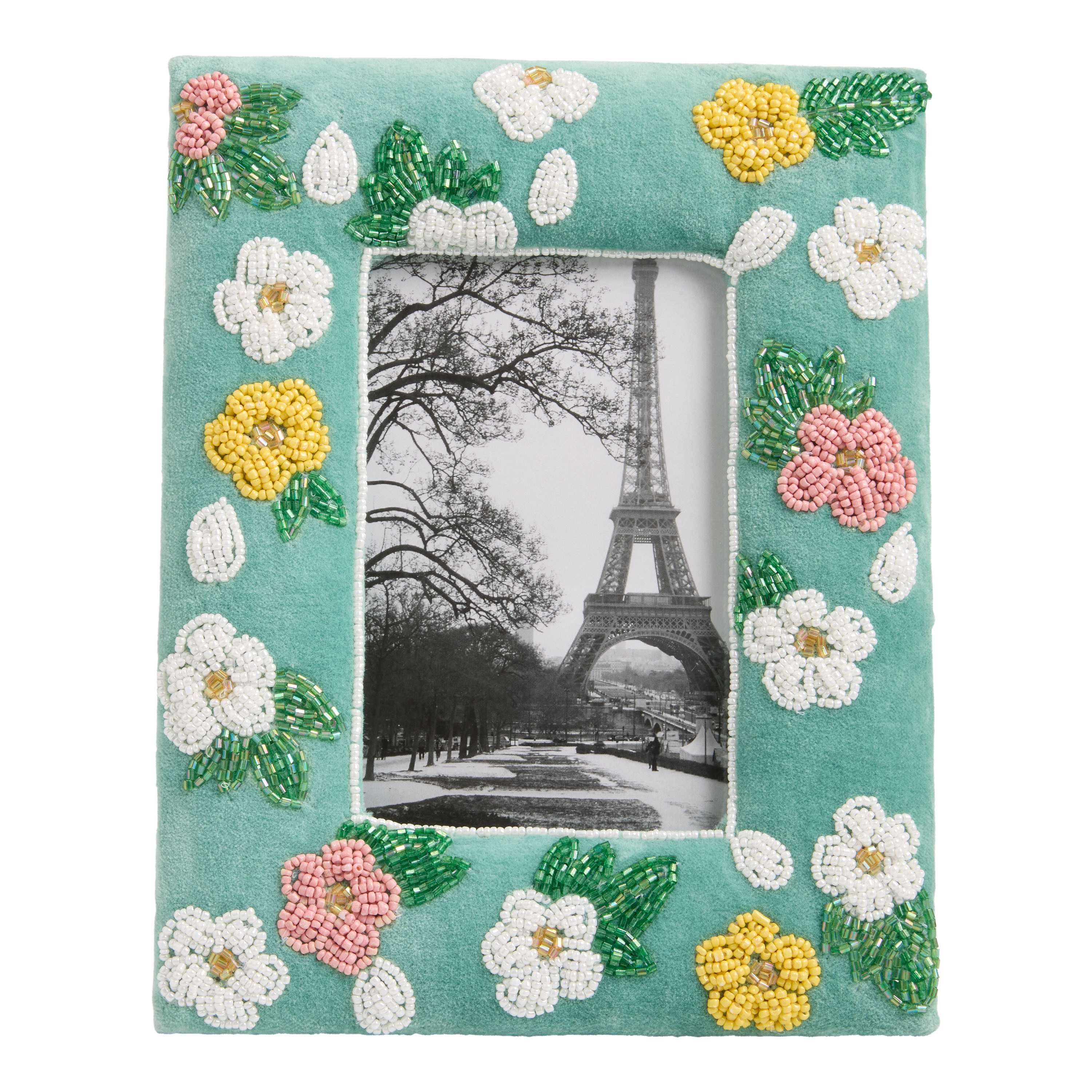 Green Velvet Beaded Floral Frame | World Market