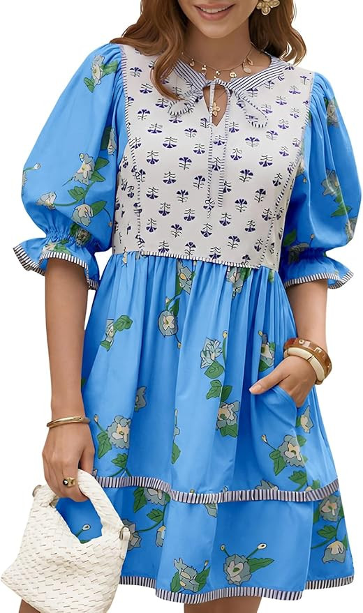 Wenrine Womens Casual Floral Mini Dress Summer Puff Short Sleeve Tie Front V Neck Patchwork Loose... | Amazon (US)