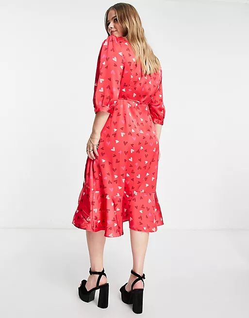 Liquorish Curve ASOS exclusive wrap midi dress with frill hem in red heart print | ASOS (Global)